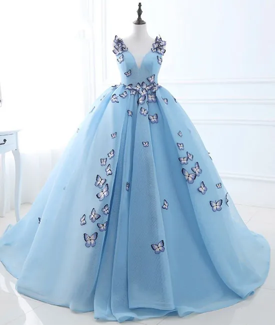 Unique v neck blue long prom dress, sweet 16 dress