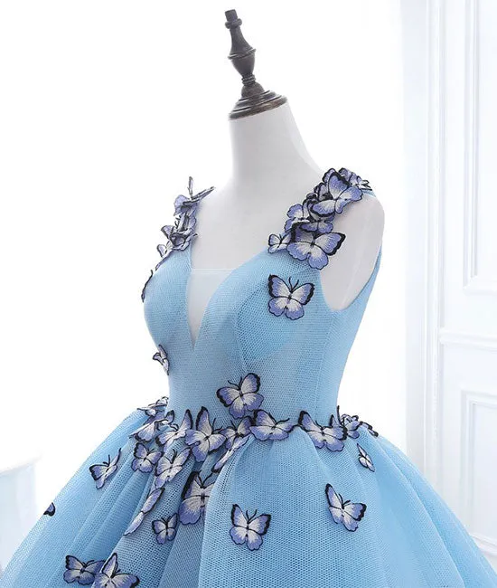 Unique v neck blue long prom dress, sweet 16 dress