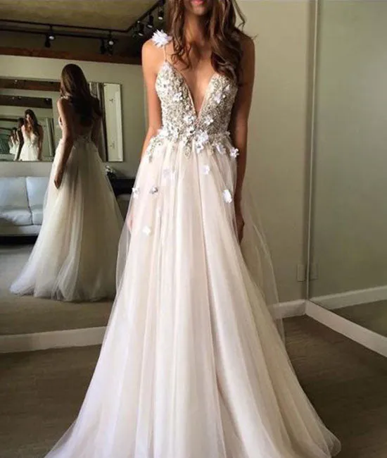 Unique v neck tulle long prom dress, tulle evening dress