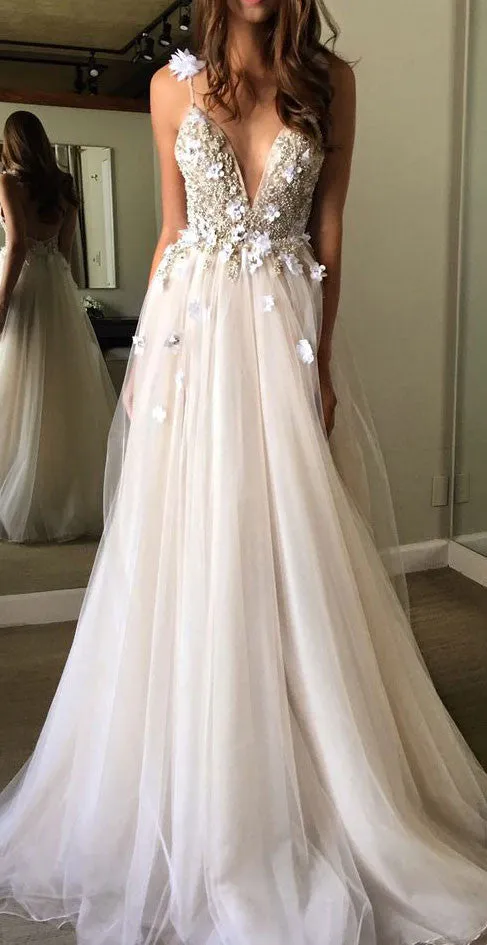 Unique v neck tulle long prom dress, tulle evening dress