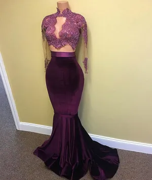 Unique velvet two pieces lace mermaid long prom dress
