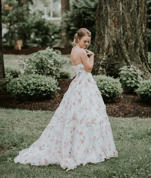 Unique white tulle 3d applique long prom dress, white evening dress