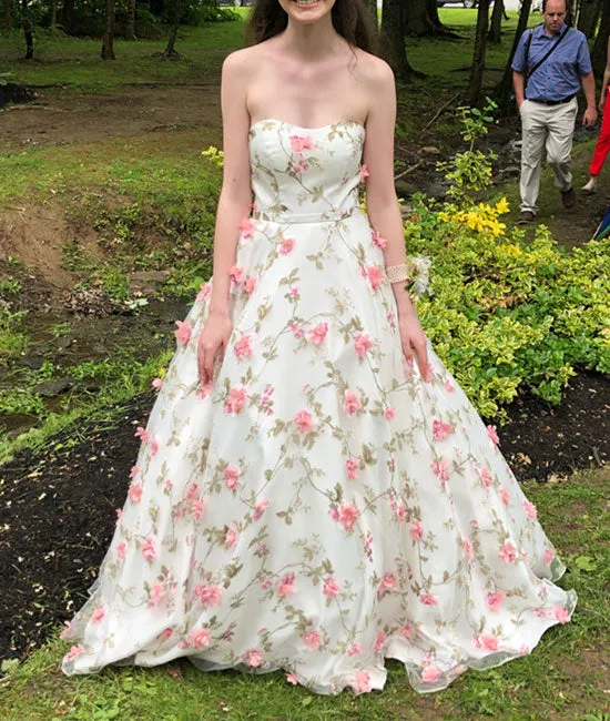 Unique white tulle 3d applique long prom dress, white evening dress