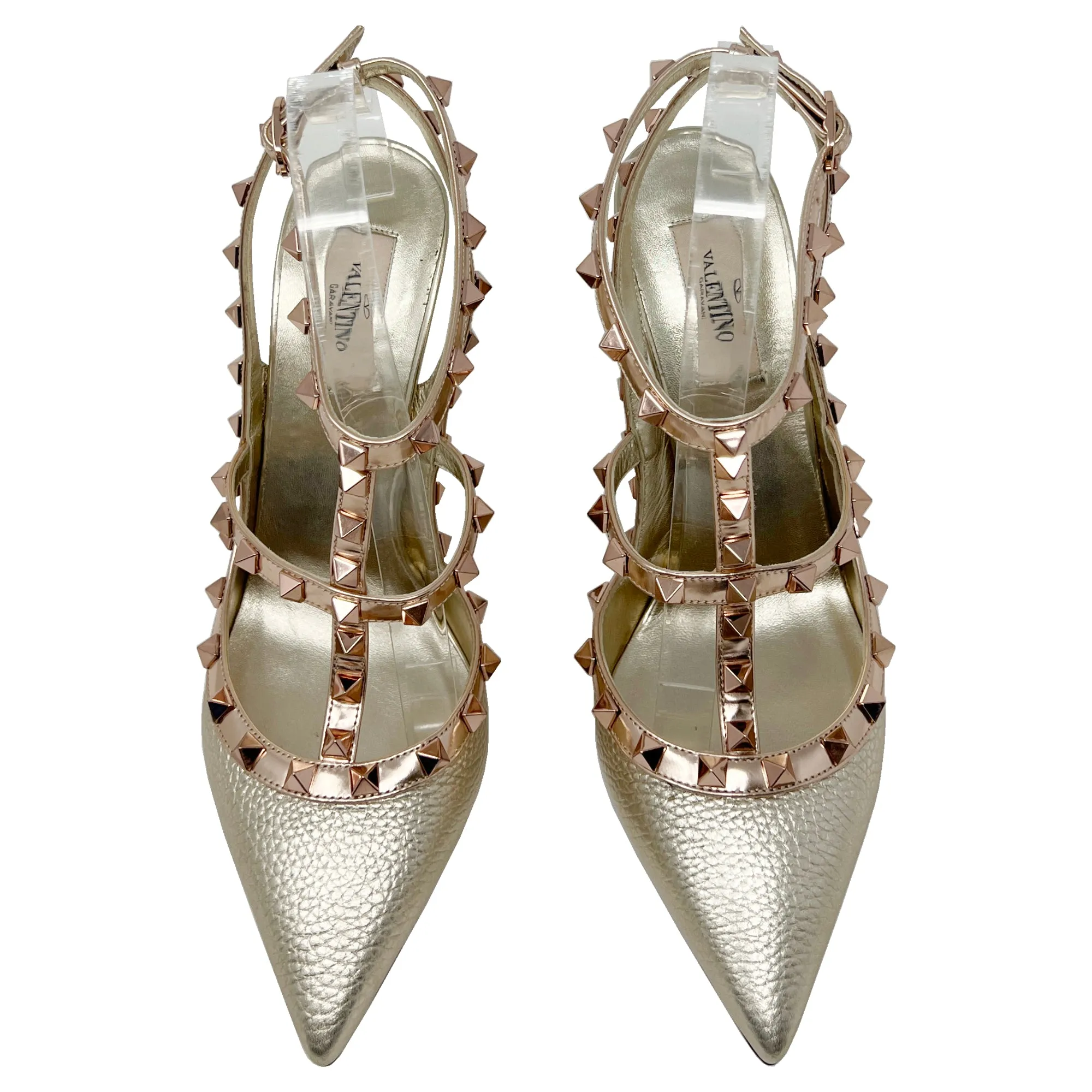 Valentino Garavani Rockstud 100 Gold/ Rose Gold Multistrap Pointed Pumps Heels Size EU 39.5