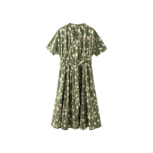 Vintage High Waist V-Neck Teal Cotton French Print Short Sleeve Dress