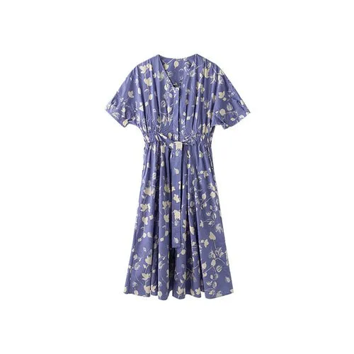 Vintage High Waist V-Neck Teal Cotton French Print Short Sleeve Dress