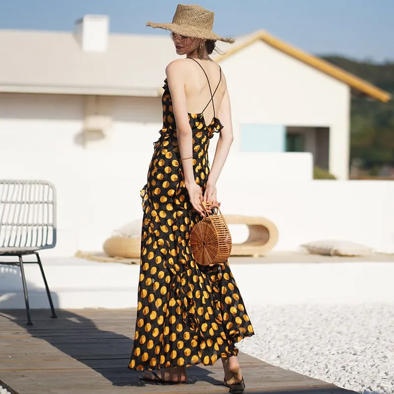 Vintage open back dress lace up ruffle dress
