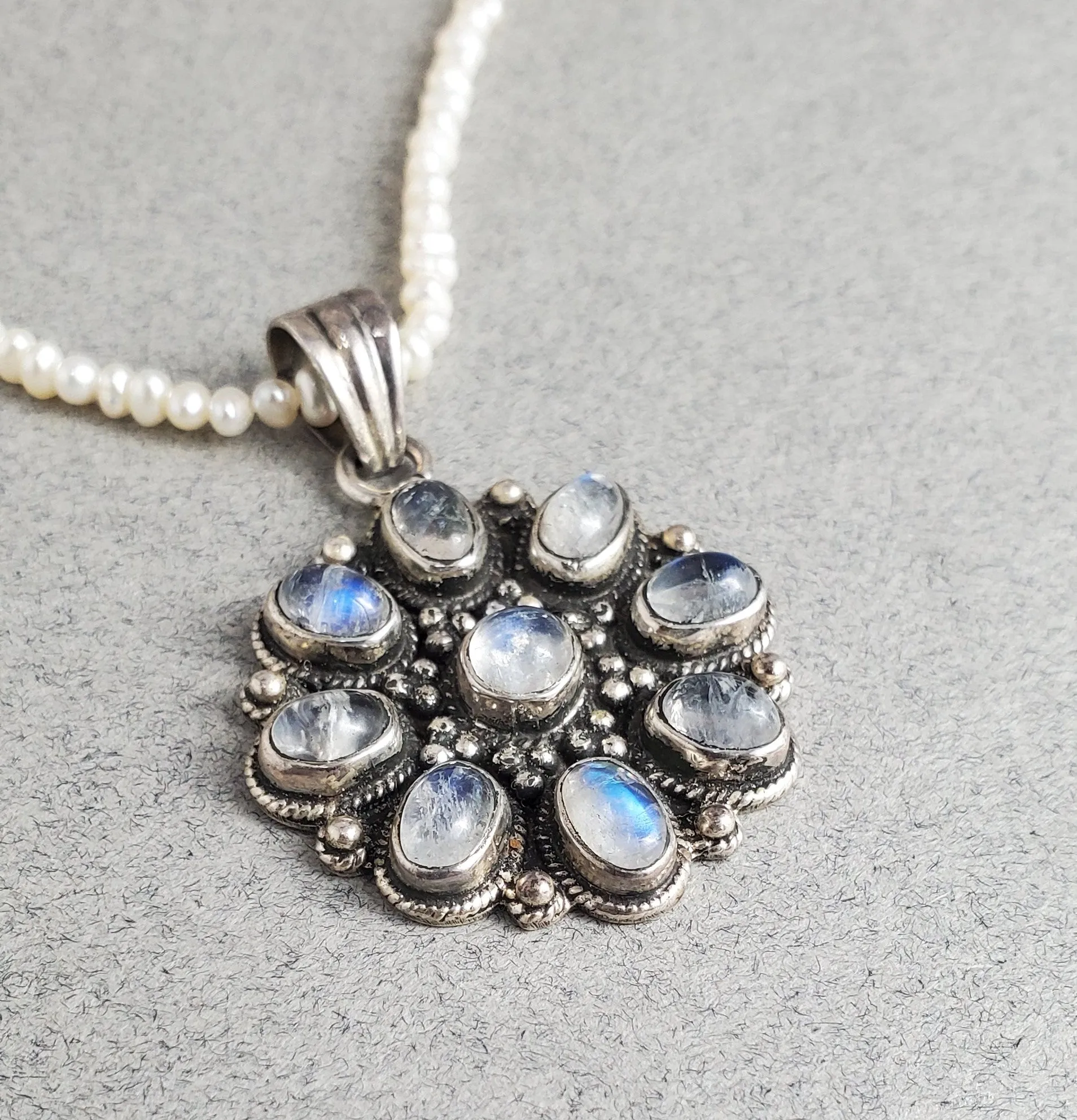 Vintage Pendant in Sterling Silver and Natural Laboradite on a Freshwater Seed Pearl Necklace, Layering Necklace