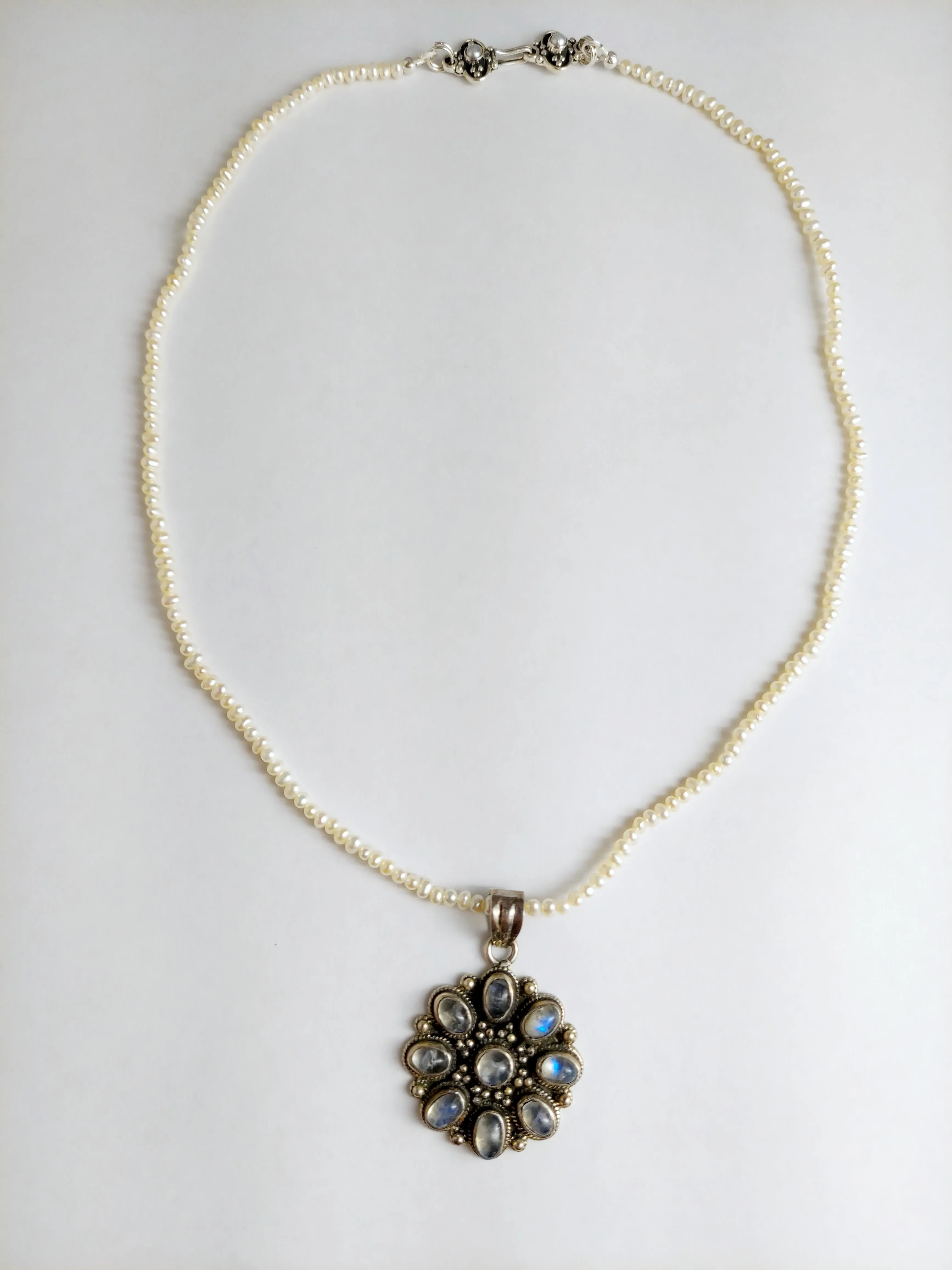 Vintage Pendant in Sterling Silver and Natural Laboradite on a Freshwater Seed Pearl Necklace, Layering Necklace