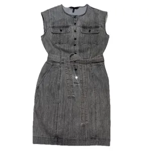 WHBM Denim Dress Size 10 Gray Acid Wash Snap Button Front Belt Cap Sleeves Mini