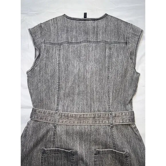 WHBM Denim Dress Size 10 Gray Acid Wash Snap Button Front Belt Cap Sleeves Mini