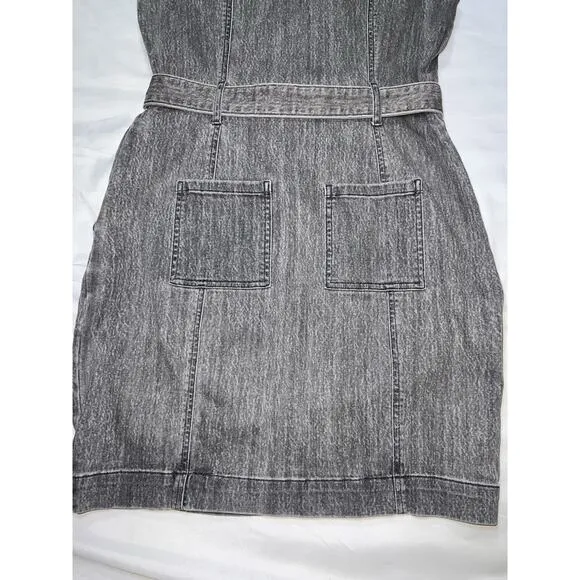 WHBM Denim Dress Size 10 Gray Acid Wash Snap Button Front Belt Cap Sleeves Mini