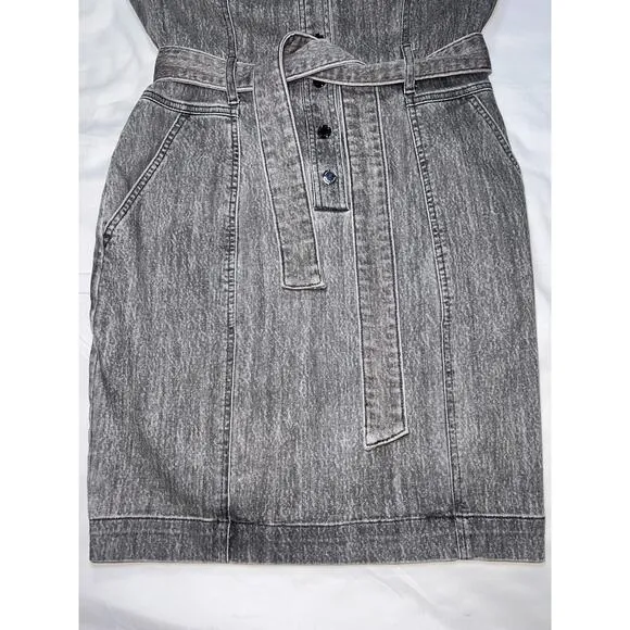 WHBM Denim Dress Size 10 Gray Acid Wash Snap Button Front Belt Cap Sleeves Mini