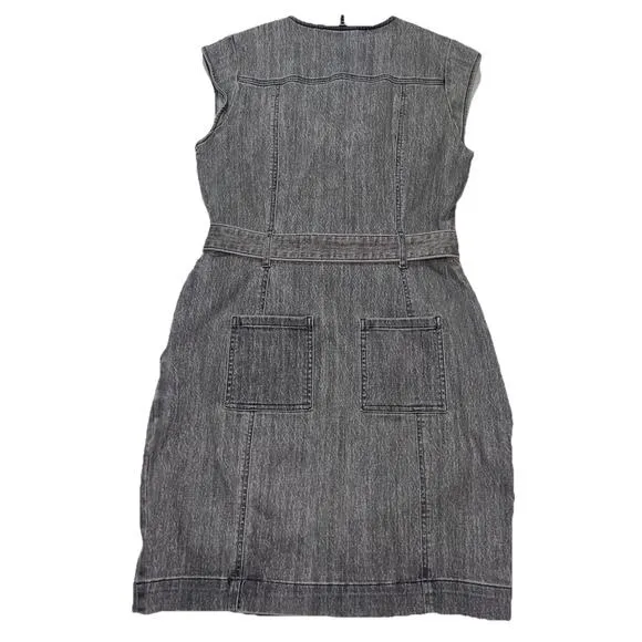 WHBM Denim Dress Size 10 Gray Acid Wash Snap Button Front Belt Cap Sleeves Mini