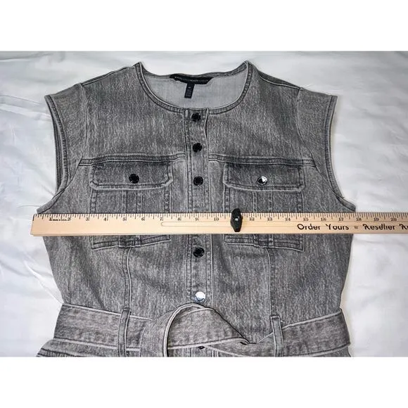 WHBM Denim Dress Size 10 Gray Acid Wash Snap Button Front Belt Cap Sleeves Mini