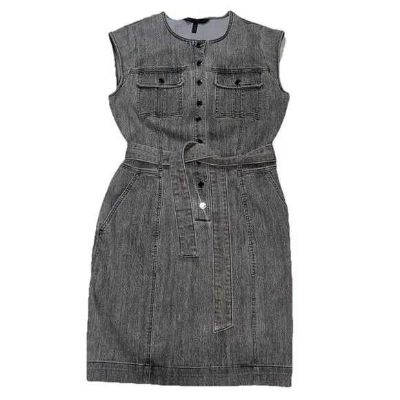 WHBM Denim Dress Size 10 Gray Acid Wash Snap Button Front Belt Cap Sleeves Mini