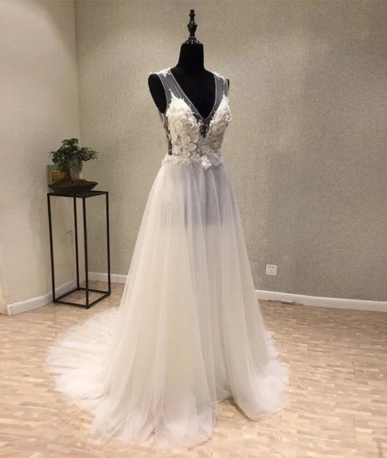 White A-Line Tulle Lace Long Prom Dress