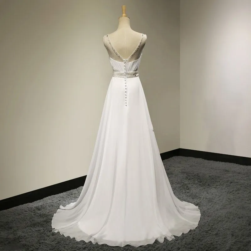 White Chiffon Simple Beaded Round Neckline Long Prom Dress, White Formal Dress