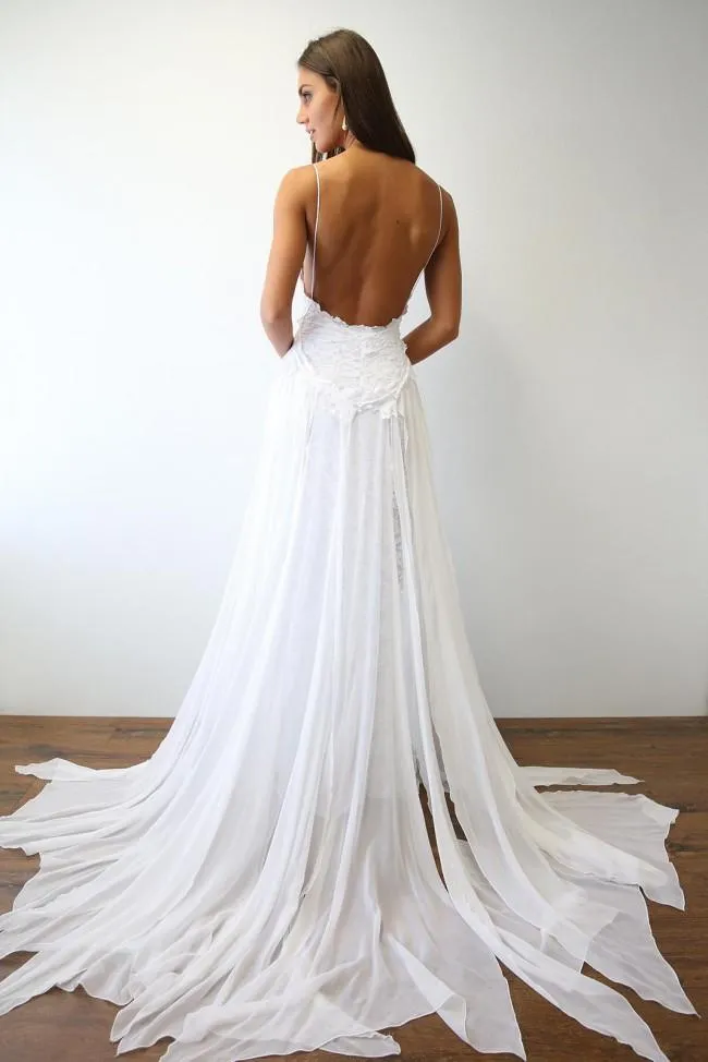 White lace chiffon long prom dress, white lace wedding dress