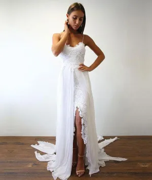 White lace chiffon long prom dress, white lace wedding dress