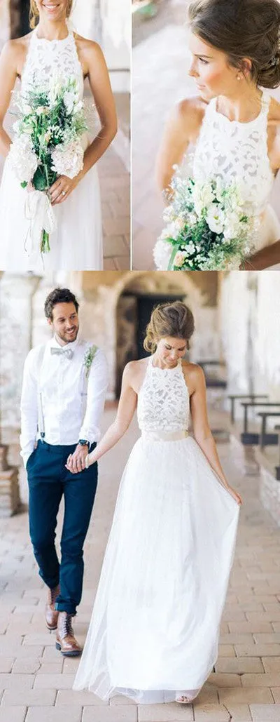 White Lace Long Sheath High Neck Simple Design Wedding Party Dresses,SVD533