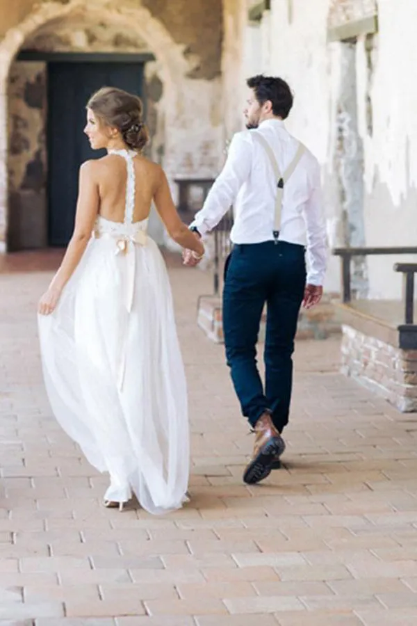 White Lace Long Sheath High Neck Simple Design Wedding Party Dresses,SVD533