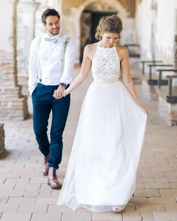 White Lace Long Sheath High Neck Simple Design Wedding Party Dresses,SVD533