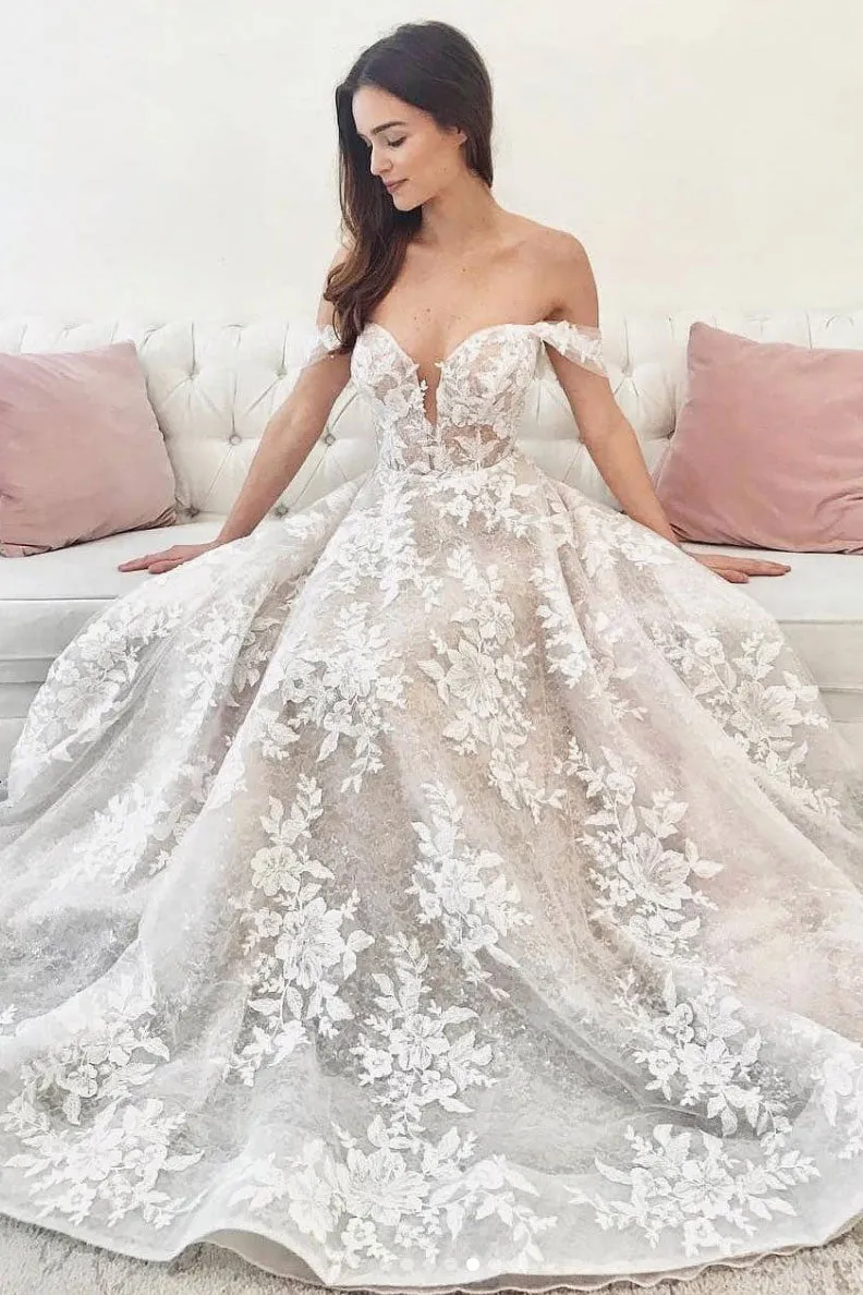 white lace off shoulder long prom dress, lace evening dress