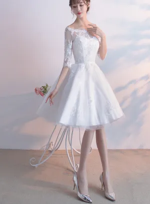 White Lace Short Sleeves Homecoming Dress Party Dress, White Formal Dress Prom Dress