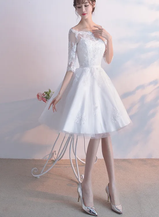 White Lace Short Sleeves Homecoming Dress Party Dress, White Formal Dress Prom Dress