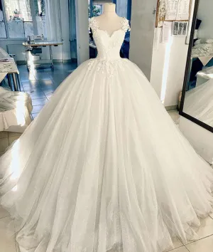 White lace tulle long prom dress, white lace wedding dress