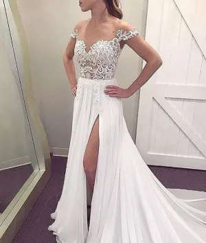 White off should chiffon lace long prom dress, white evening dress