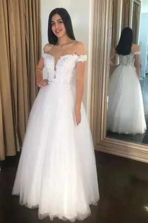 White off shoulder lace long prom dress white formal dress