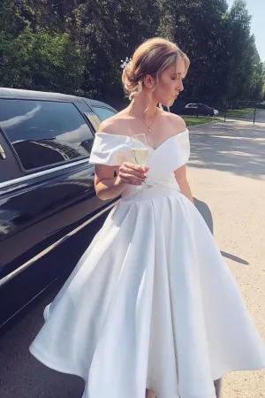 White off shoulder tea length prom dress white bridesmaid dress