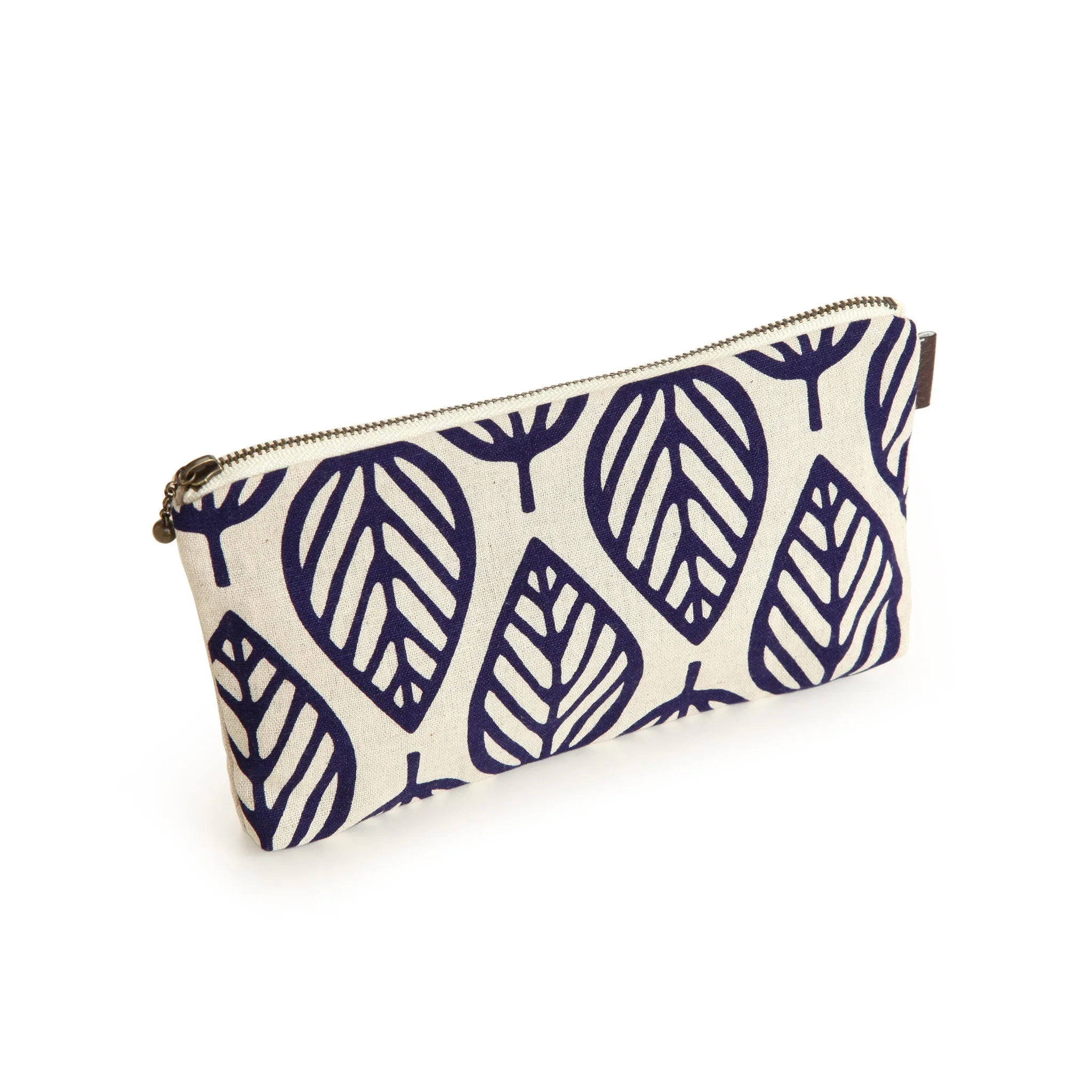 White Pouch With Blue Leaf Design