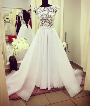 White round neck lace long prom dress, white evening dress