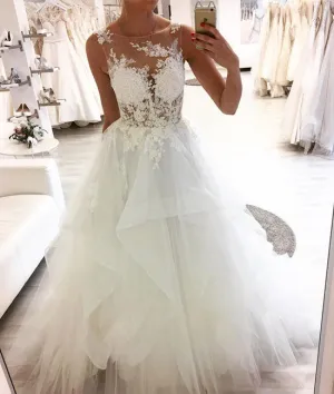 White round neck tulle lace long prom dress, white tulle wedding dress