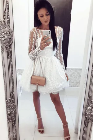 White round neck tulle lace short prom dress, lace homecoming dress
