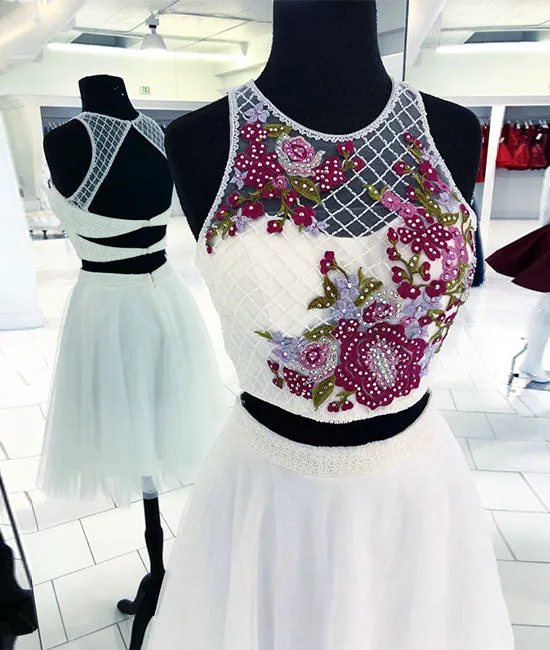 White round neck two pieces beads short prom dress, white homecoming dress