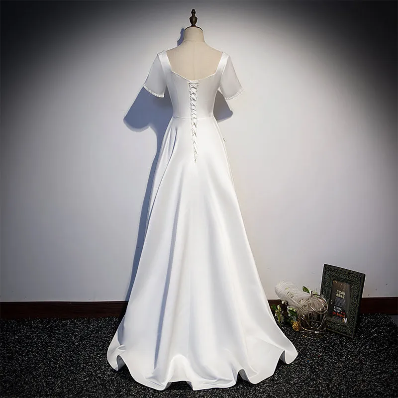 White Simple Beaded Short Sleeves High Low Wedding Party Dress, White Party Dress