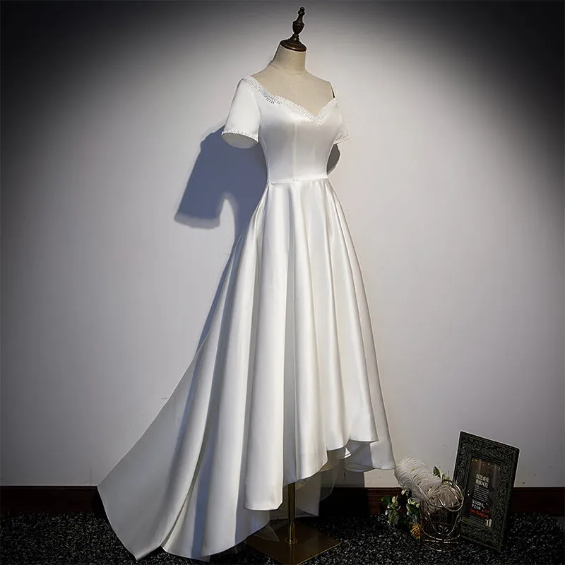 White Simple Beaded Short Sleeves High Low Wedding Party Dress, White Party Dress