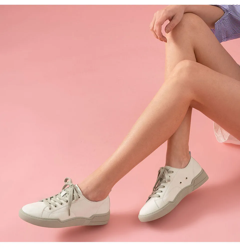 White Sneakers Women Genuine Cow Leather Round Toe Lace-Up Closure Spring Autumn Lady Casual Flat Shoes Handmade