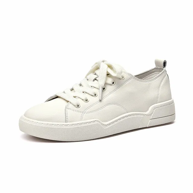 White Sneakers Women Genuine Cow Leather Round Toe Lace-Up Closure Spring Autumn Lady Casual Flat Shoes Handmade