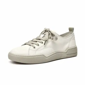 White Sneakers Women Genuine Cow Leather Round Toe Lace-Up Closure Spring Autumn Lady Casual Flat Shoes Handmade