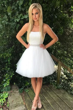 White Strapless Homecoming Dress with Beading, Layers Tulle Short Prom Dress, SH224