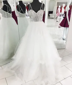 White sweetheart neck tulle beads long prom dress, white evening dress