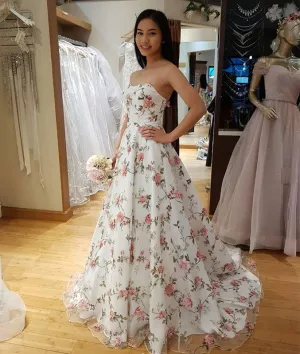 White tulle 3D applique long prom dress, white evening dress
