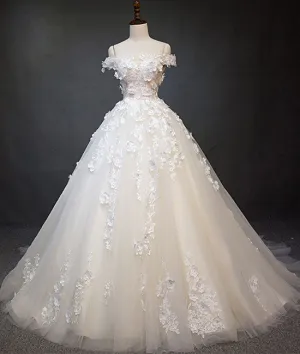 White tulle lace applique long prom dress, white lace wedding dress