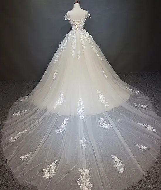 White tulle lace applique long prom dress, white lace wedding dress