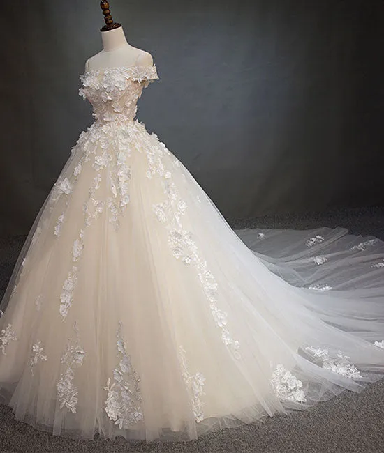 White tulle lace applique long prom dress, white lace wedding dress